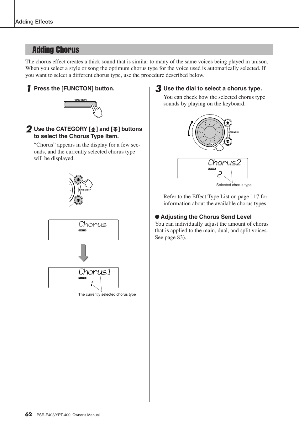 Adding chorus, Chorus1 chorus, Chorus2 | Yamaha YPT-400  EN User Manual | Page 62 / 126