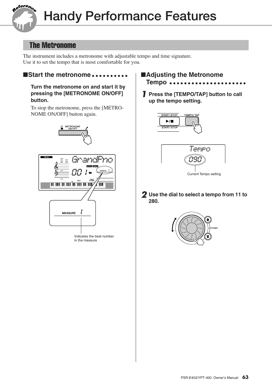 Handy performance features, The metronome, Grandpno | The metronome 001, Tempo | Yamaha YPT-400  EN User Manual | Page 63 / 126