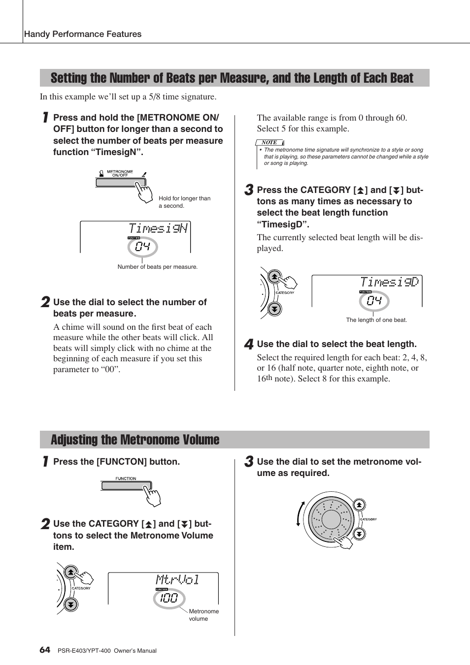 Adjusting the metronome volume, Setting the number of beats per measure, And the length of each beat | Timesign, Timesigd, Mtrvol | Yamaha YPT-400  EN User Manual | Page 64 / 126