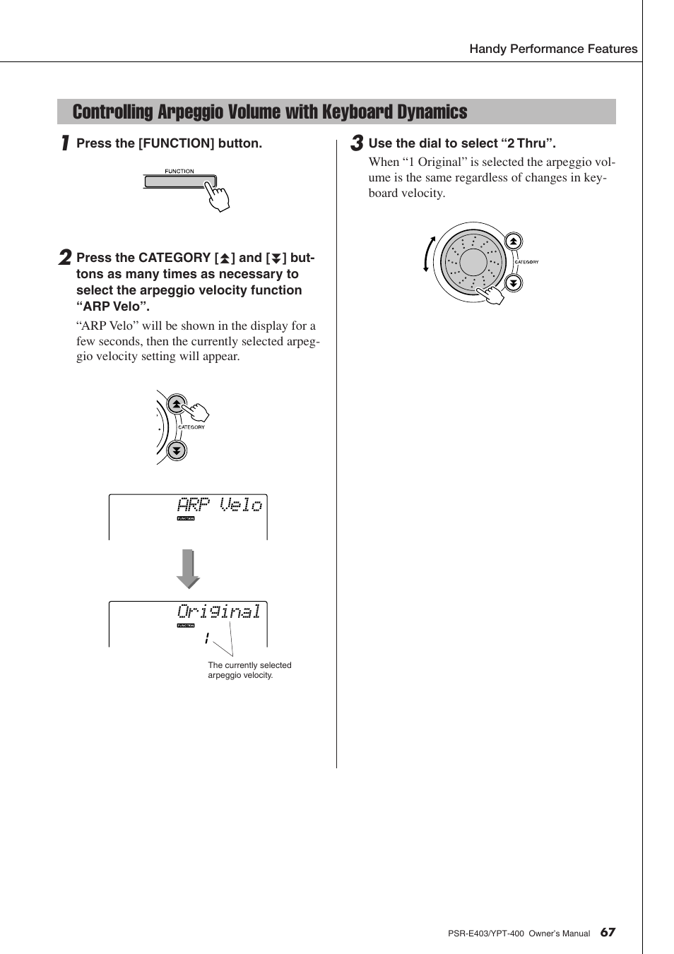 Controlling arpeggio volume with keyboard dynamics, Original, Arp velo | Yamaha YPT-400  EN User Manual | Page 67 / 126