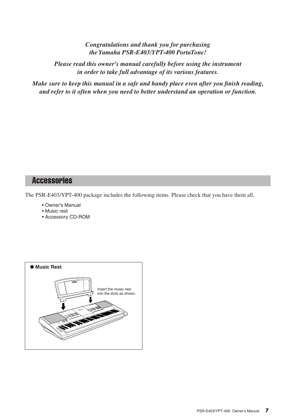 Congratulations, Accessories | Yamaha YPT-400  EN User Manual | Page 7 / 126