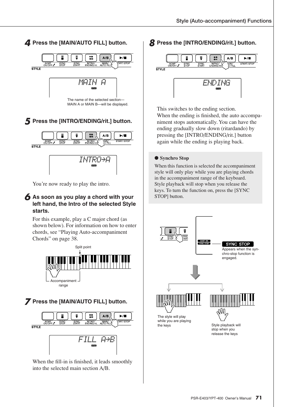 Main a, Intro≥a, Fill a≥b | Ending | Yamaha YPT-400  EN User Manual | Page 71 / 126