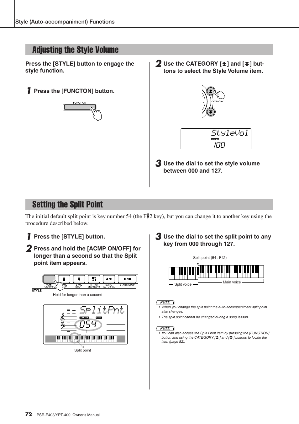 Adjusting the style volume, Setting the split point, Adjusting the style volume setting the split point | Splitpnt, Setting the split point 054, Stylevol | Yamaha YPT-400  EN User Manual | Page 72 / 126