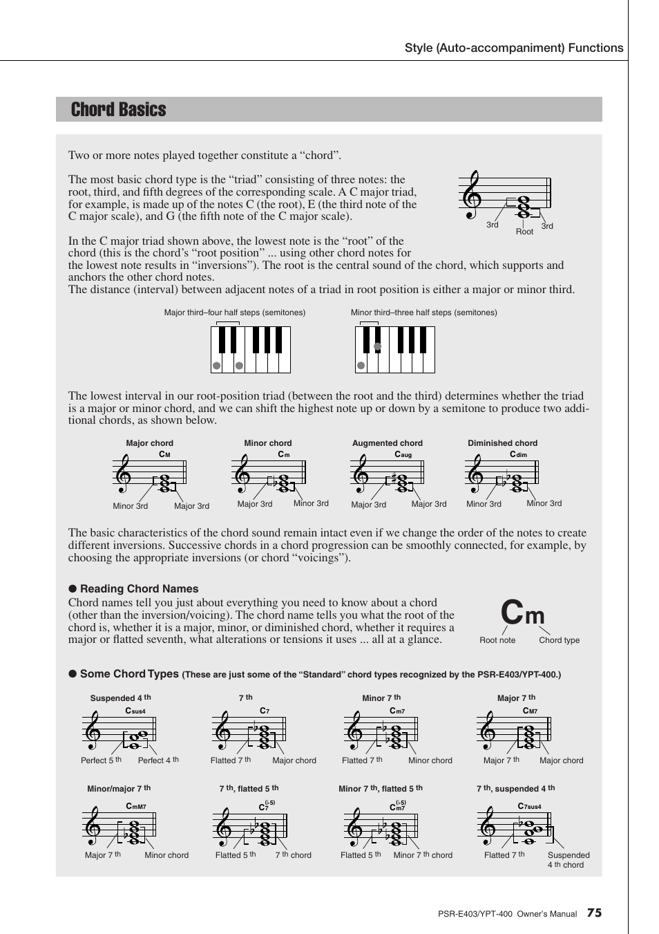 Chord basics, Style (auto-accompaniment) functions, Reading chord names | Some chord types | Yamaha YPT-400  EN User Manual | Page 75 / 126