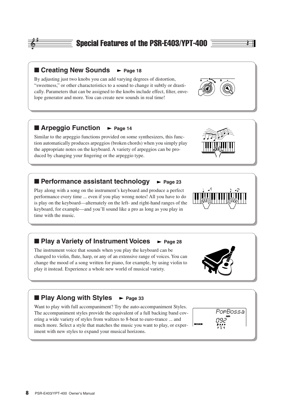 Special features of the psr-e403/ypt-400, Creating new sounds, Arpeggio function | Performance assistant technology, Play a variety of instrument voices, Play along with styles | Yamaha YPT-400  EN User Manual | Page 8 / 126