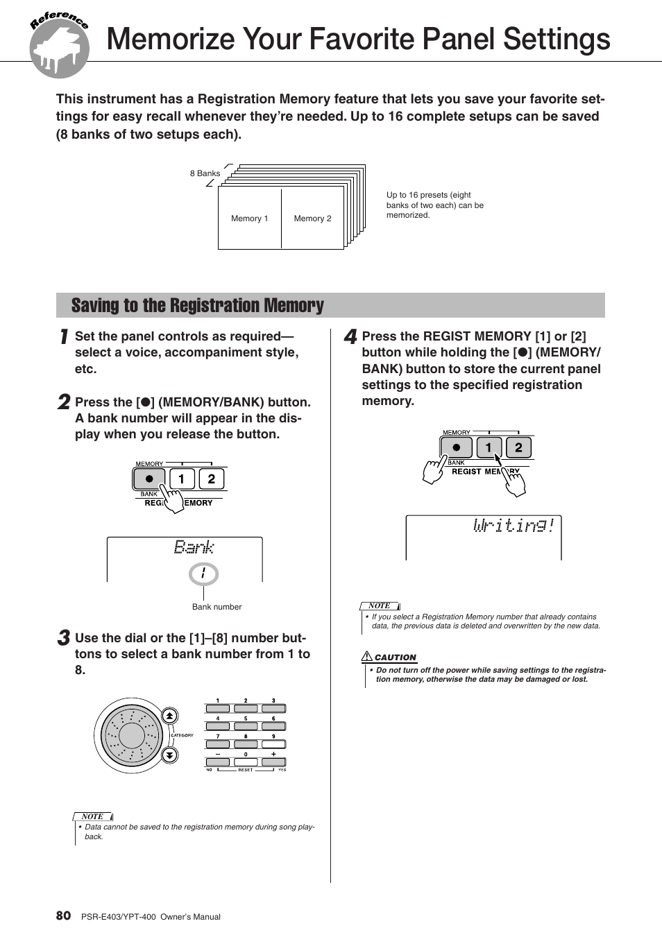 Memorize your favorite panel settings, Saving to the registration memory, 80) so you can recall the same settings ag | Bank, Writing | Yamaha YPT-400  EN User Manual | Page 80 / 126