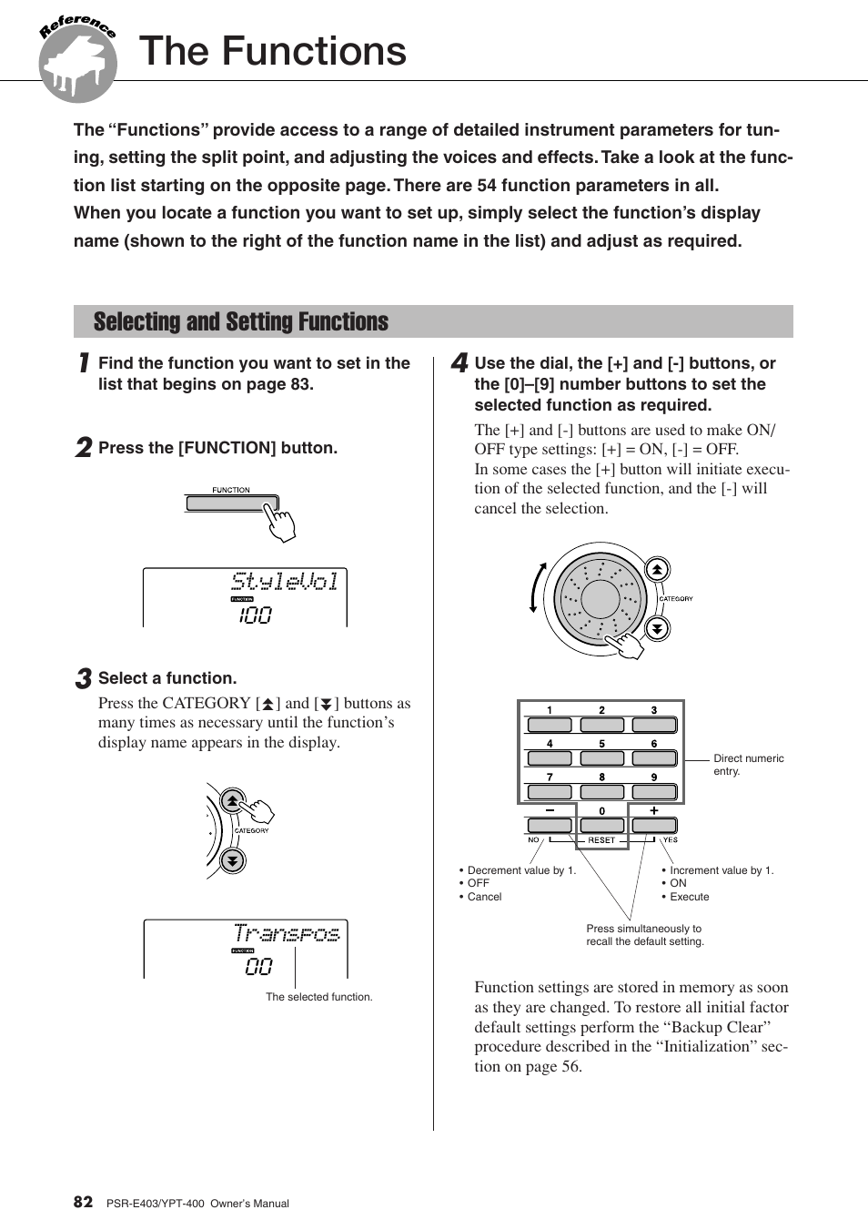 The functions, Selecting and setting functions, Stylevol | Transpos | Yamaha YPT-400  EN User Manual | Page 82 / 126