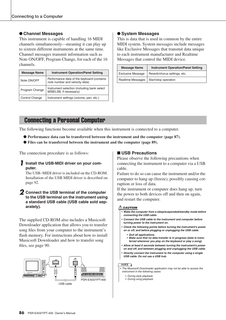 Connecting a personal computer, The connection procedure is as follows | Yamaha YPT-400  EN User Manual | Page 86 / 126