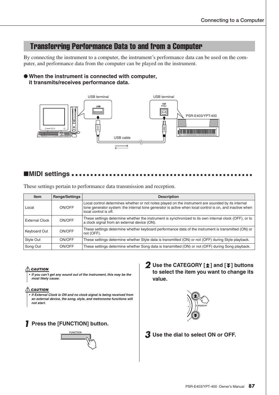 Midi settings | Yamaha YPT-400  EN User Manual | Page 87 / 126