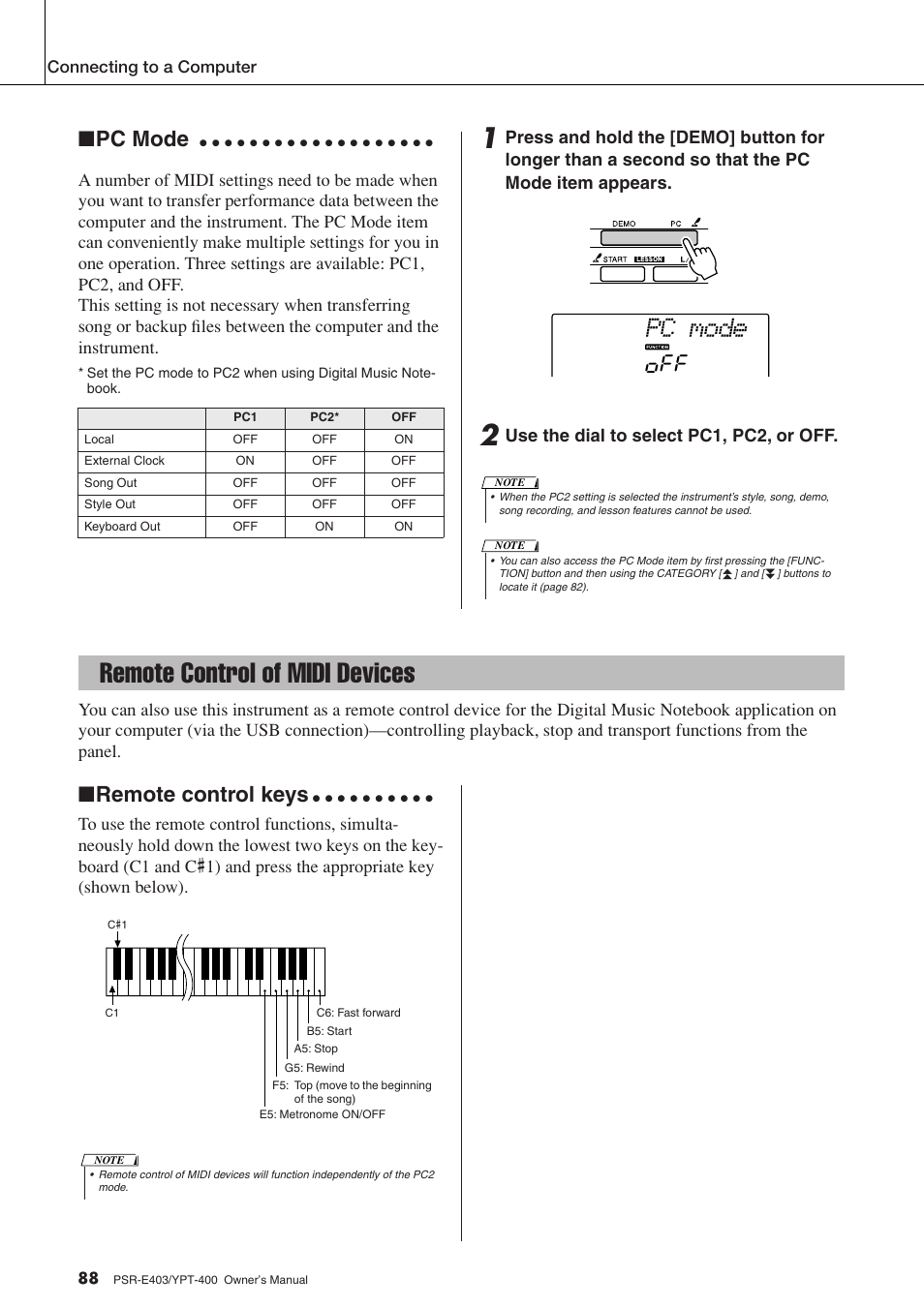 Remote control of midi devices, Pc mode, Remote control keys | Yamaha YPT-400  EN User Manual | Page 88 / 126