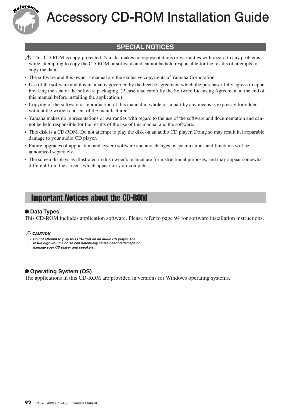 Accessory cd-rom installation guide, Important notices about the cd-rom | Yamaha YPT-400  EN User Manual | Page 92 / 126
