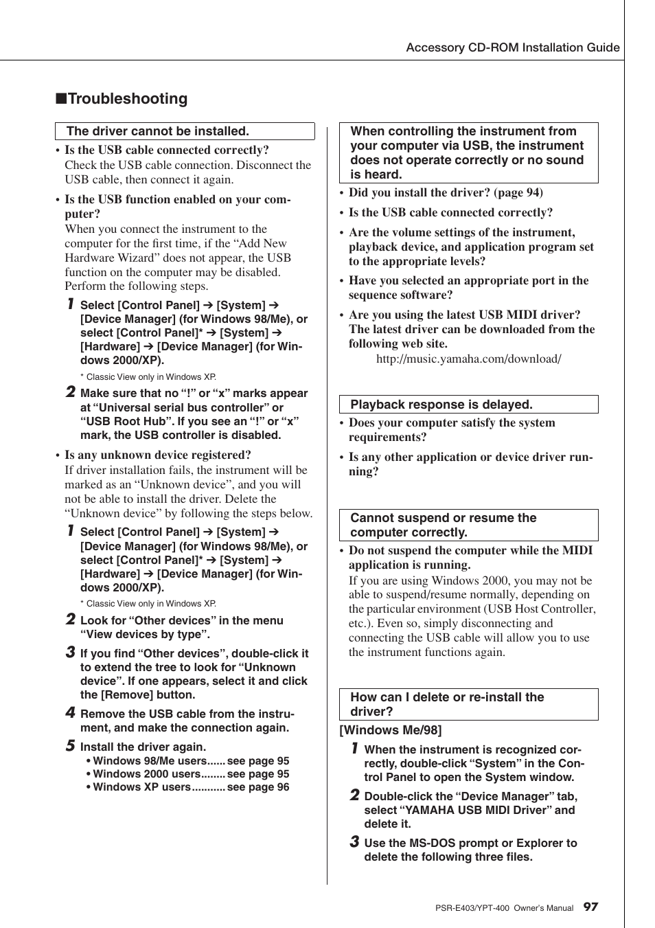 Troubleshooting | Yamaha YPT-400  EN User Manual | Page 97 / 126