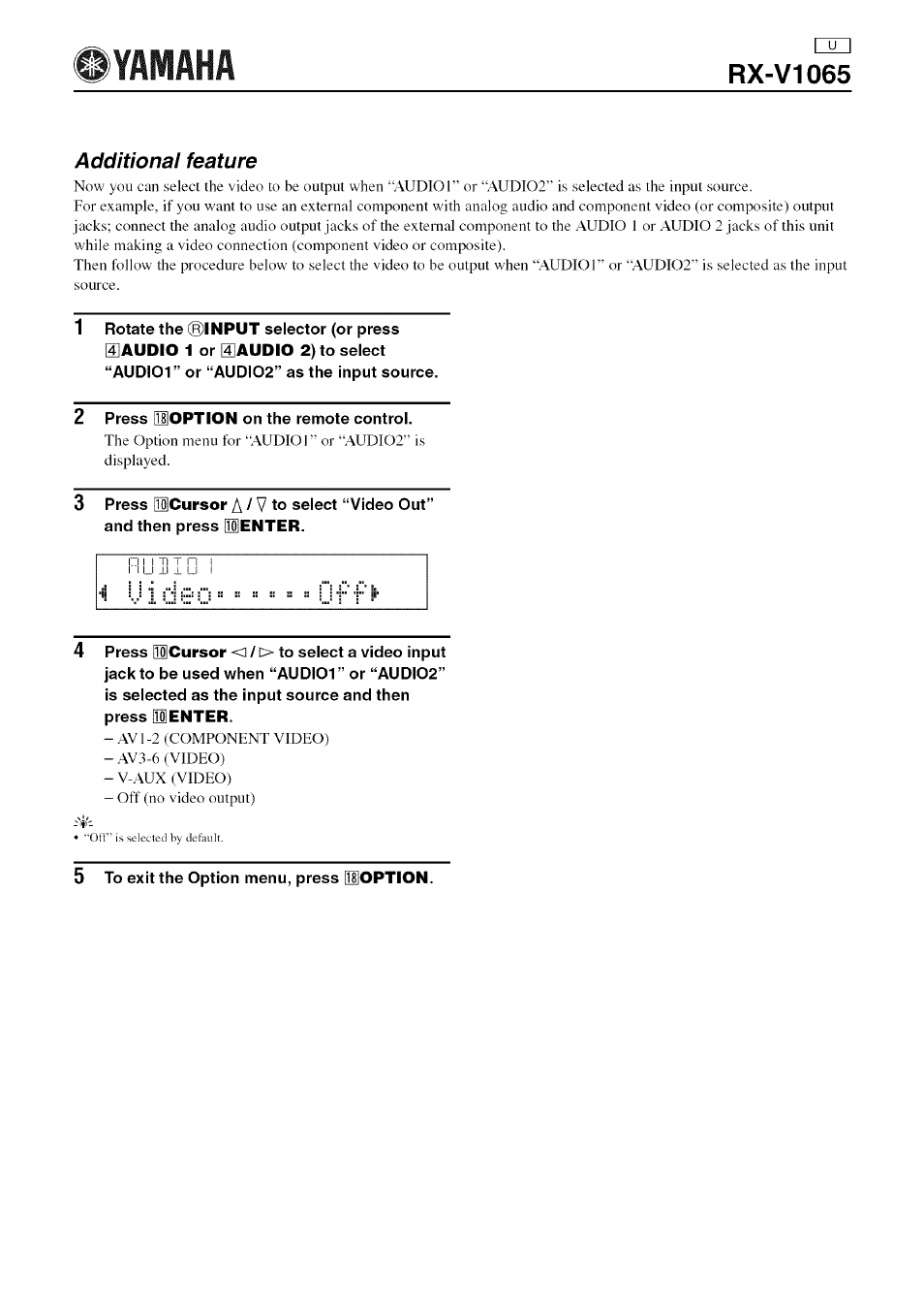 Syamaha, Rx-v1065, R)input | Siaudio 1, Siaudio 2), 01option, Qienter, Qioption, Additional feature | Yamaha RX-V1065 User Manual | Page 101 / 102