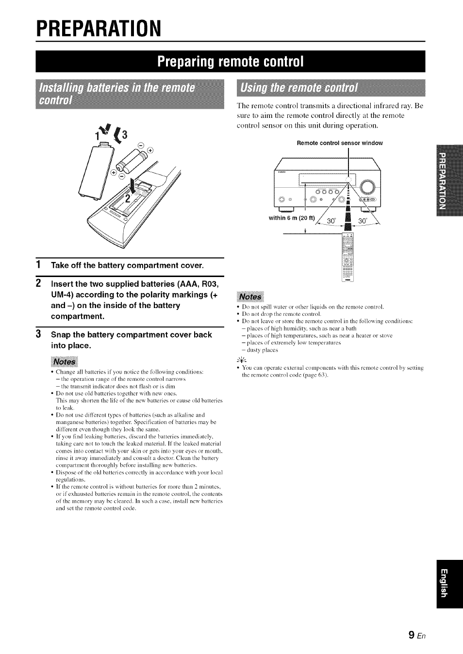 Preparation, Preparing remote control, Notes | Yamaha RX-V1065 User Manual | Page 12 / 102