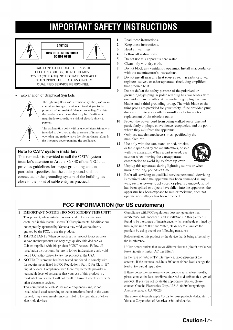 Note to catv system installer, Important safety instructions, Fcc information (for us customers) | Caution-i en | Yamaha RX-V1065 User Manual | Page 2 / 102