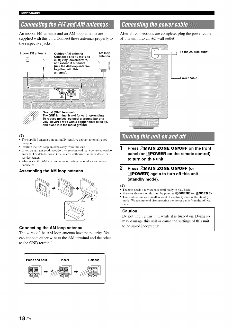 Assembling the am loop antenna, Connecting the am loop antenna, 2 press ®main zone on/off (or | Connecting the fm and am antennas | Yamaha RX-V1065 User Manual | Page 21 / 102