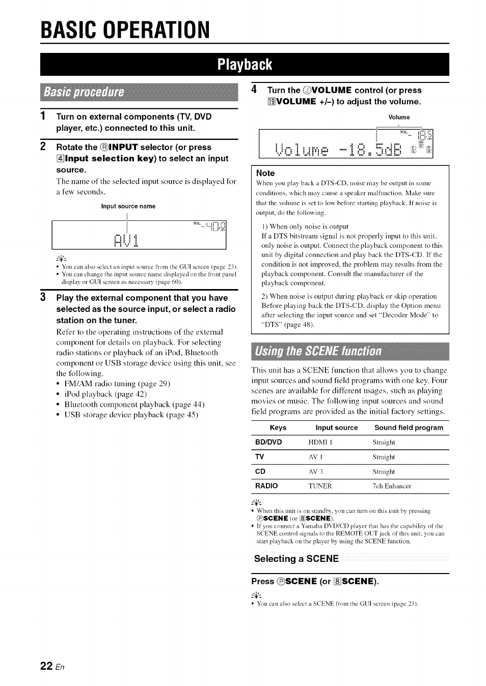 Basic operation, Playback, Selecting a scene | Press ©scene (or hscene) | Yamaha RX-V1065 User Manual | Page 25 / 102