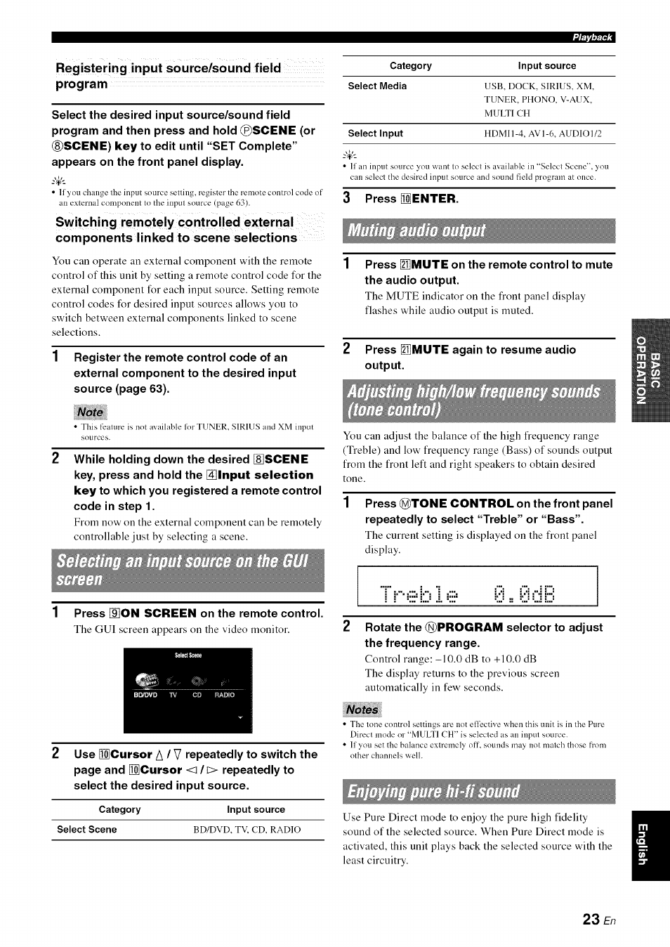 Registering input source/sound field program, Note, Notes | Treble | Yamaha RX-V1065 User Manual | Page 26 / 102