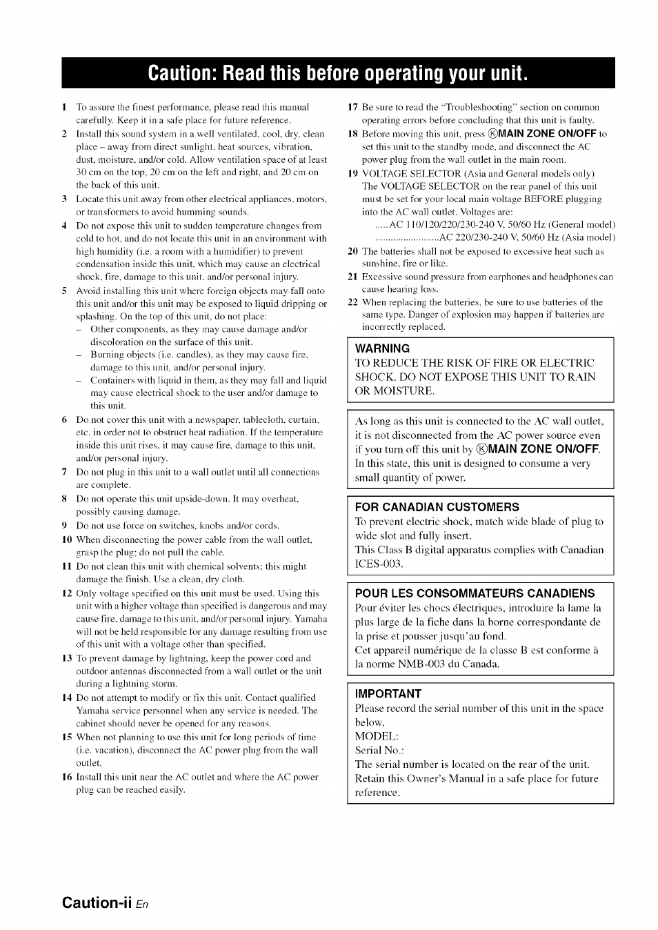 Caution: read this before operating your unit, Caution-ii en | Yamaha RX-V1065 User Manual | Page 3 / 102