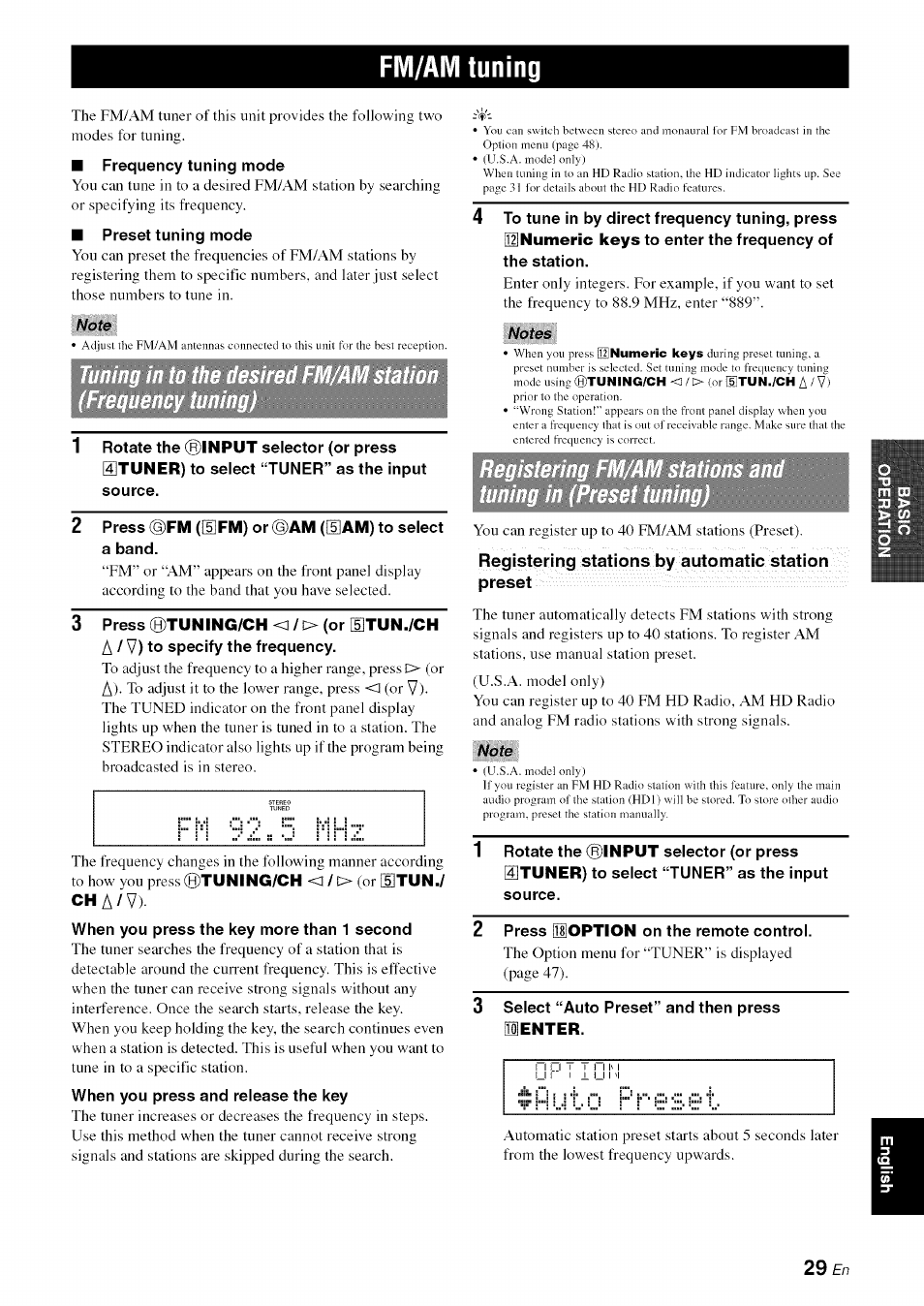 Fm/am tuning, Notes, Note | Putu preset | Yamaha RX-V1065 User Manual | Page 32 / 102