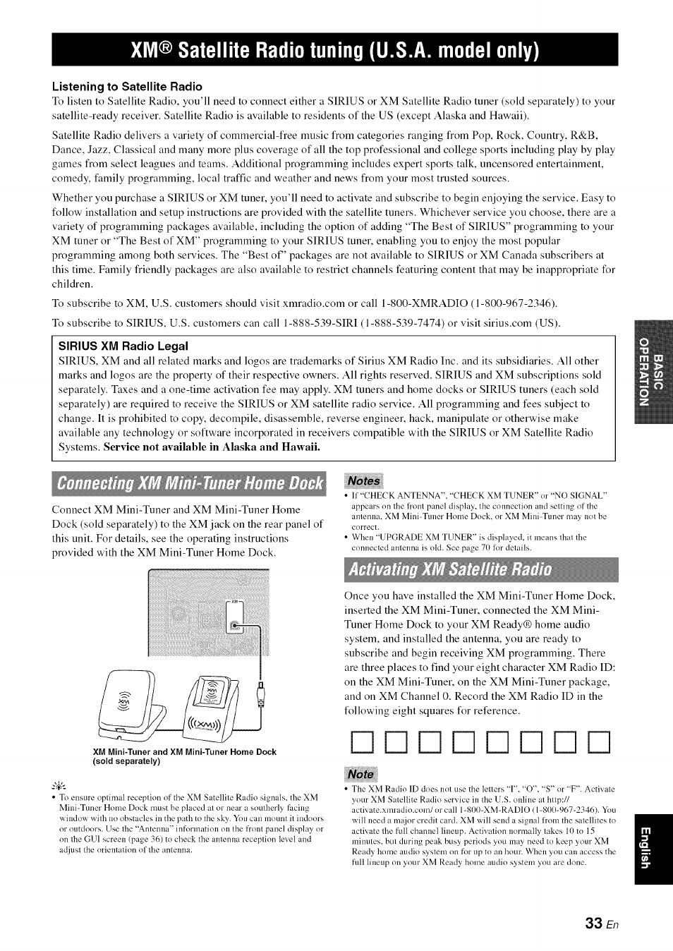 Xm® satellite radio tuning (u.s.â. model only), Listening to satellite radio, Sirius xm radio legal | Notes, Note | Yamaha RX-V1065 User Manual | Page 36 / 102