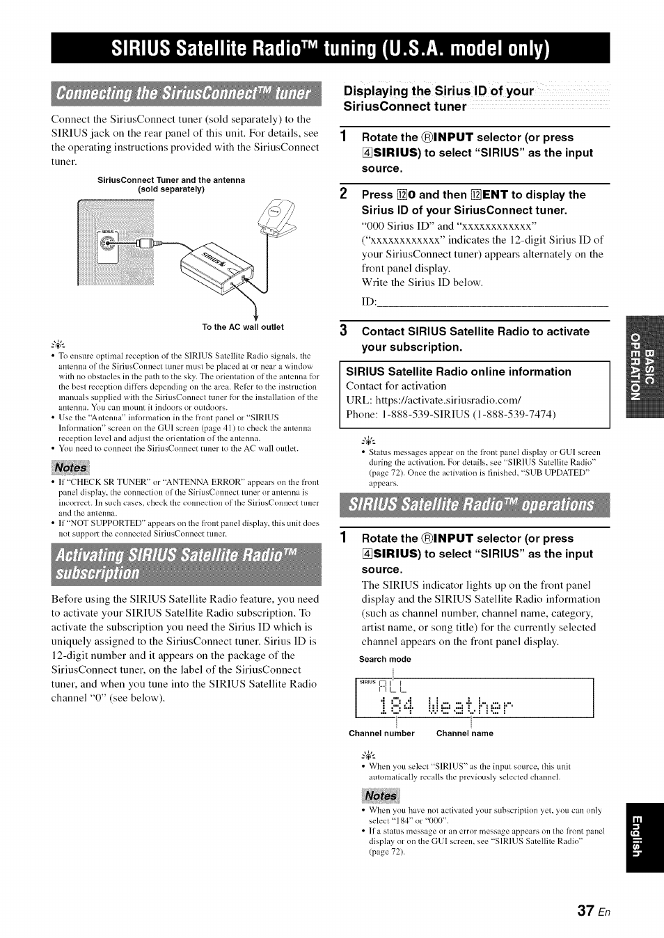 Sirius satellite radio™ tuning (u.s.ä. model only), Notes | Yamaha RX-V1065 User Manual | Page 40 / 102