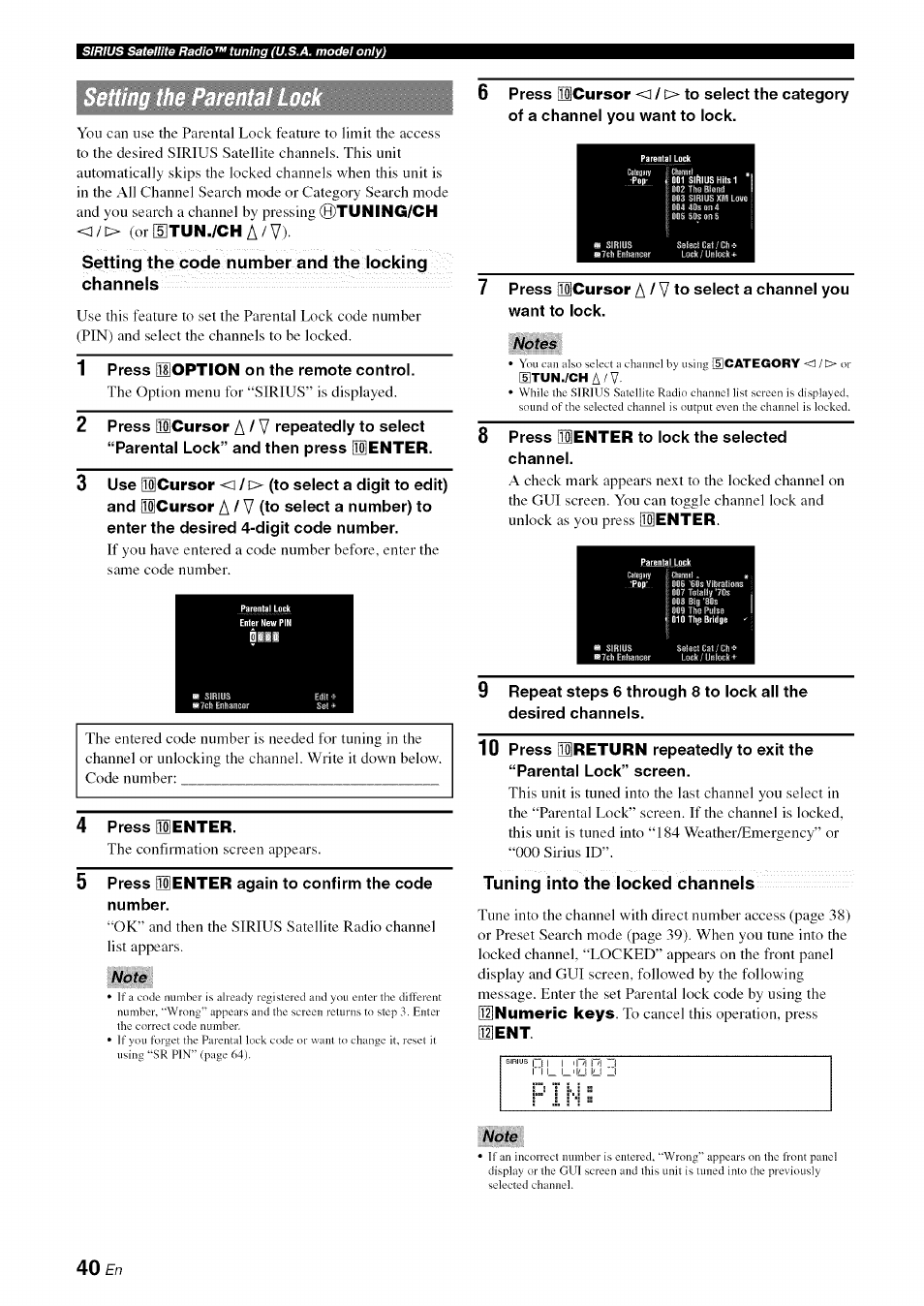 Setting the code number and the locking channels, Note, Notes | Tuning into the locked channels, Mcursor a / v | Yamaha RX-V1065 User Manual | Page 43 / 102
