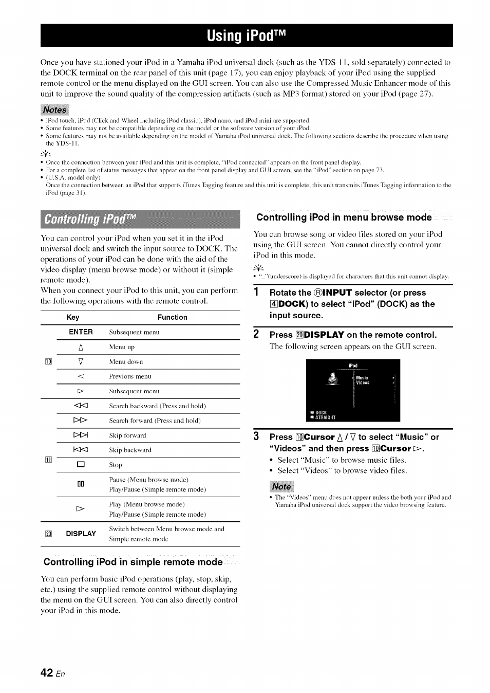 Using ipod, Notes, Controlling ipod in menu browse mode | 2 press udisplay on the remote control, Note, Controlling ipod in simple remote mode | Yamaha RX-V1065 User Manual | Page 45 / 102