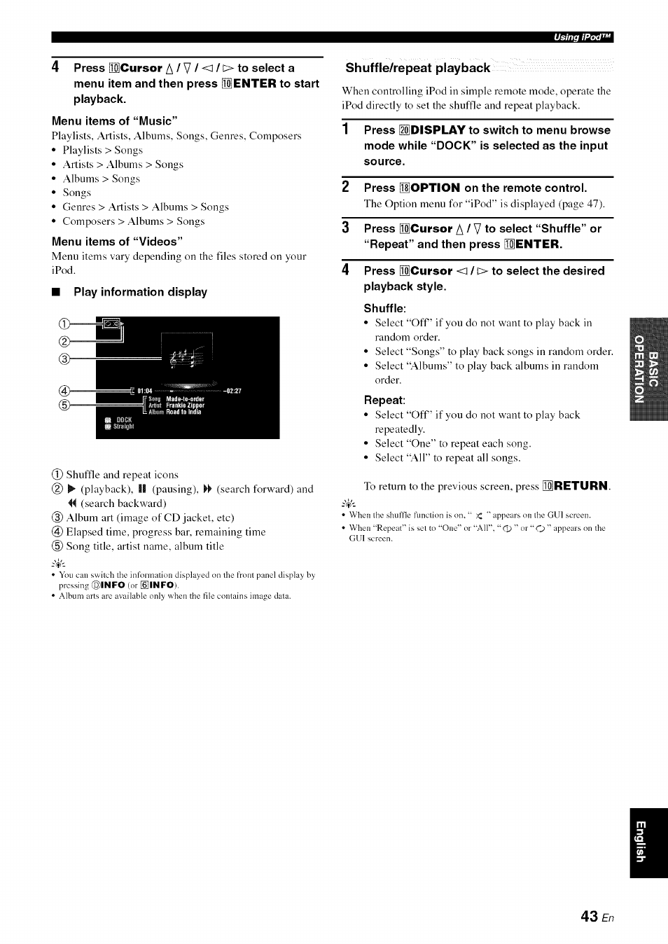 Shuffle/repeat playback, A / v | Yamaha RX-V1065 User Manual | Page 46 / 102