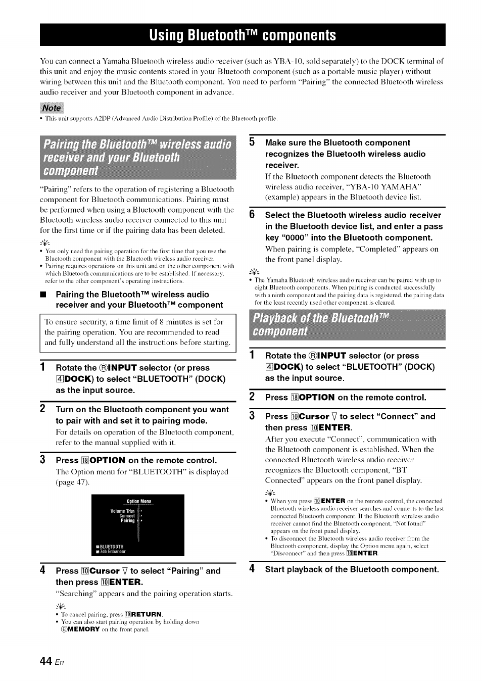 Using bluetooth™ components, Note | Yamaha RX-V1065 User Manual | Page 47 / 102