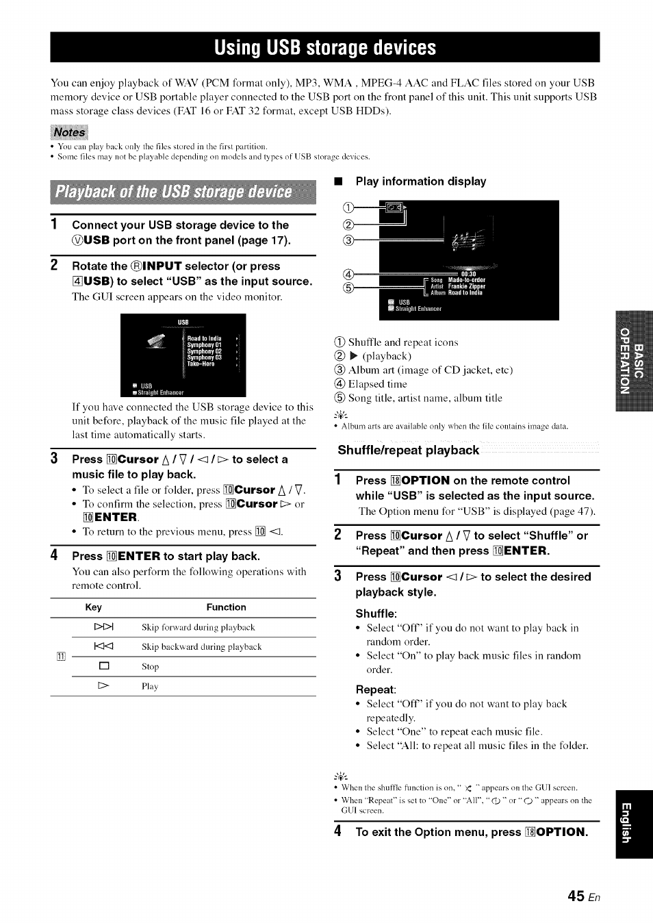 Using usb storage devices, Notes, Shuffle/repeat playback | A / v | Yamaha RX-V1065 User Manual | Page 48 / 102