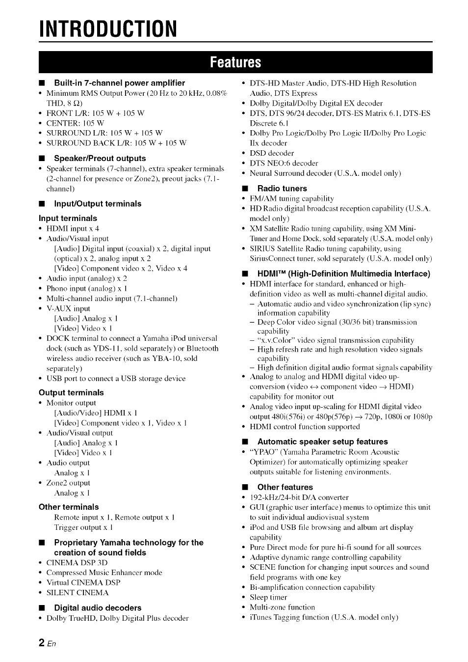 Introduction, Features, Built-in 7-channel power amplifier | Speaker/preout outputs, Input/output terminals, Input terminals, Output terminals, Other terminals, Digital audio decoders, I radio tuners | Yamaha RX-V1065 User Manual | Page 5 / 102