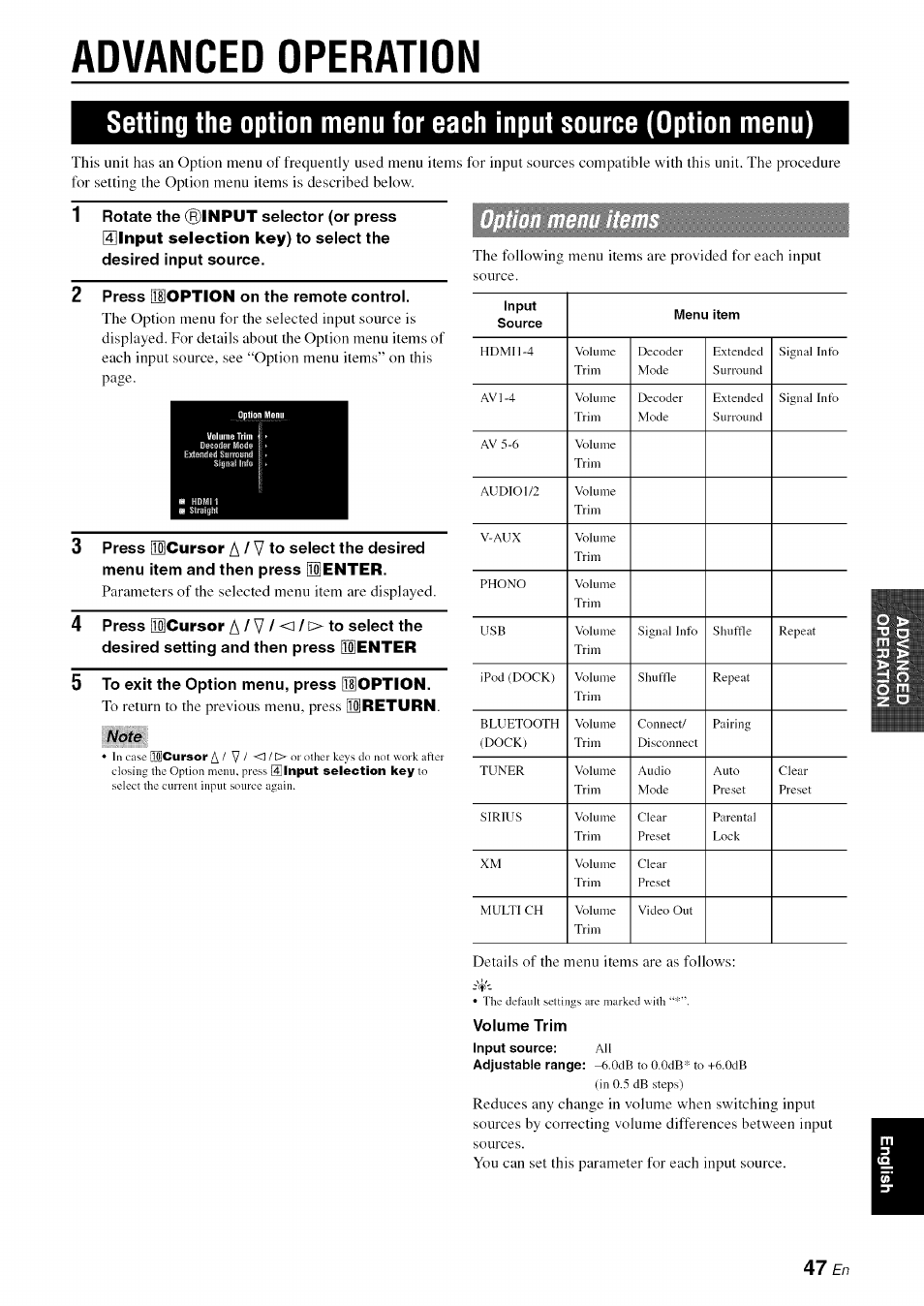 Advanced operation, 2 press 01option on the remote control, 5 to exit the option menu, press qioption | Note, Volume trim, Setting the option menu for each input source, Option menu), A / v | Yamaha RX-V1065 User Manual | Page 50 / 102