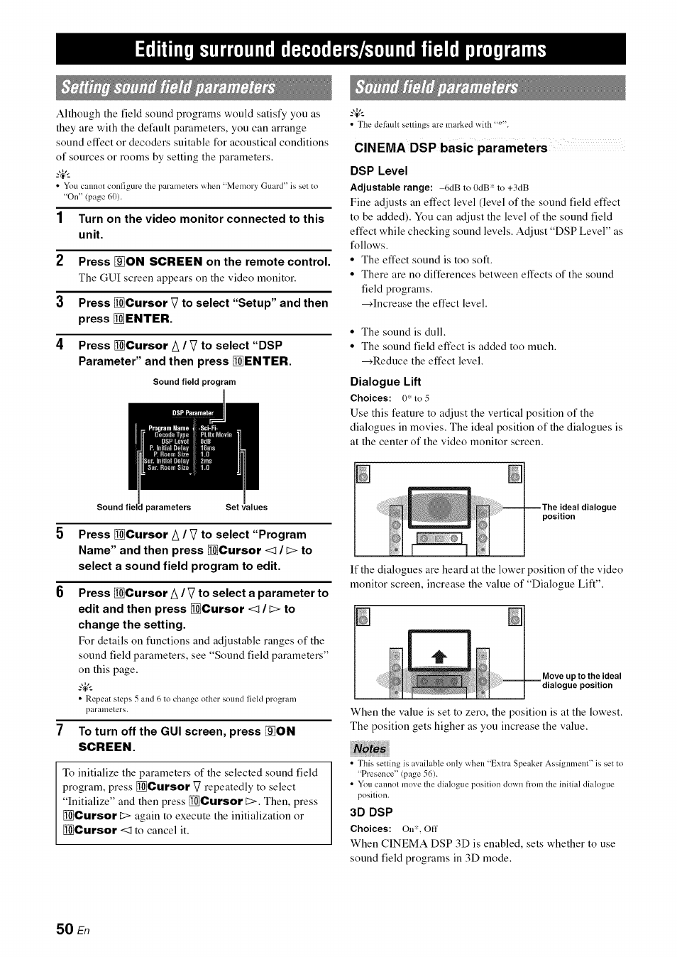 Editing surround decoders/sound field programs, Cinema dsp basic parameters dsp level, Notes | A / v | Yamaha RX-V1065 User Manual | Page 53 / 102