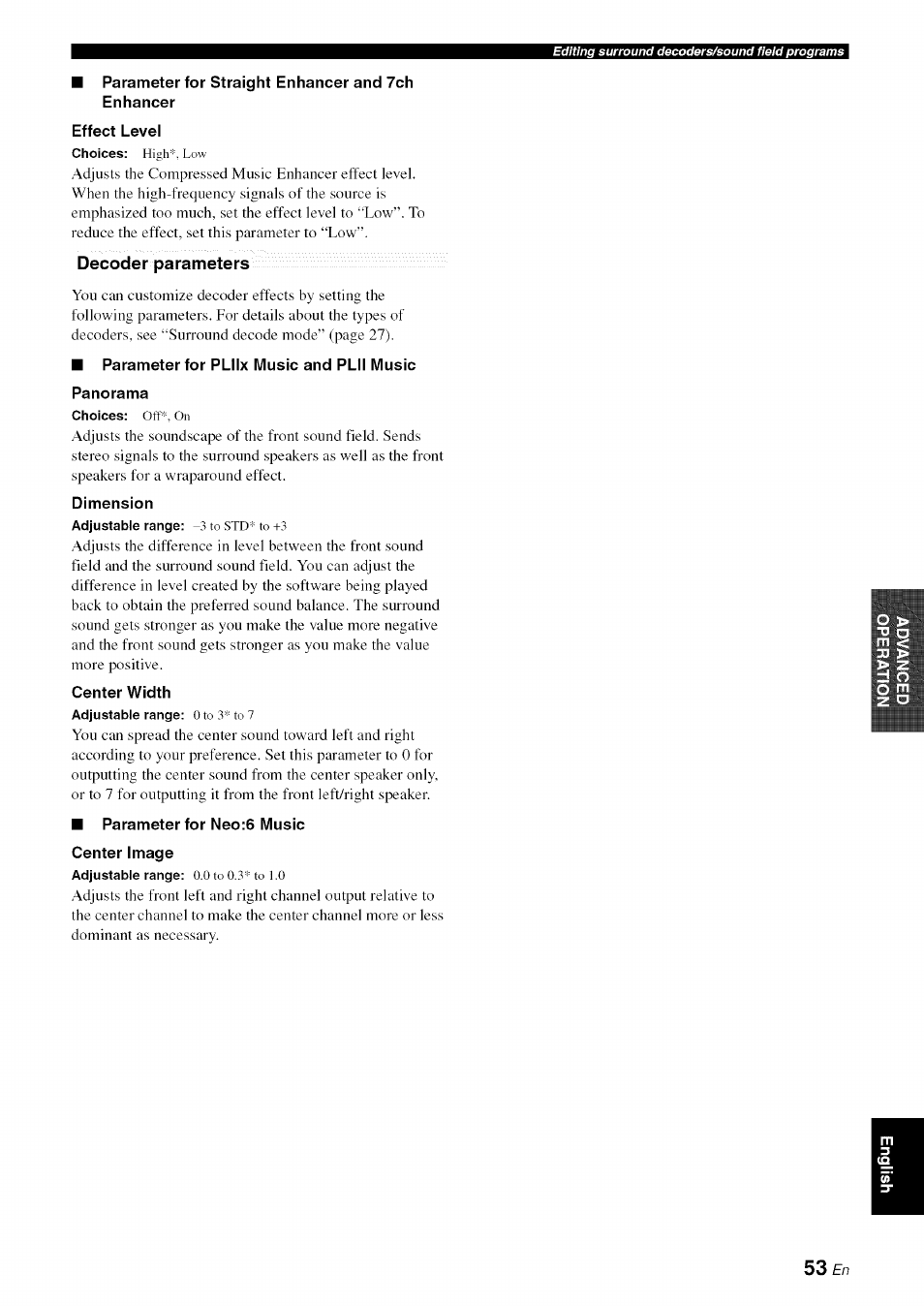 Parameter for straight enhancer and 7ch enhancer, Effect level, Decoder parameters | Parameter for pliix music and plii music, Panorama, Dimension, Center width, Parameter for neo:6 music center image | Yamaha RX-V1065 User Manual | Page 56 / 102