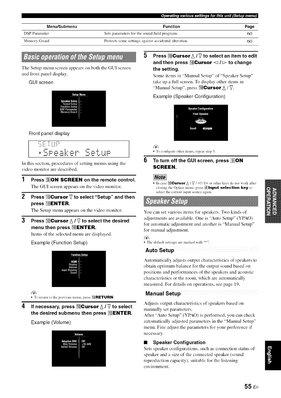 Note, Auto setup, Manual setup | Yamaha RX-V1065 User Manual | Page 58 / 102