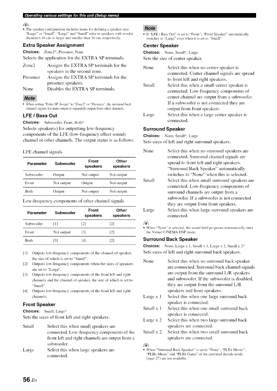 Extra speaker assignment, Note, Lfe / bass out | Front speaker, Center speaker, Surround speaker, Surround back speaker, Front panel | Yamaha RX-V1065 User Manual | Page 59 / 102