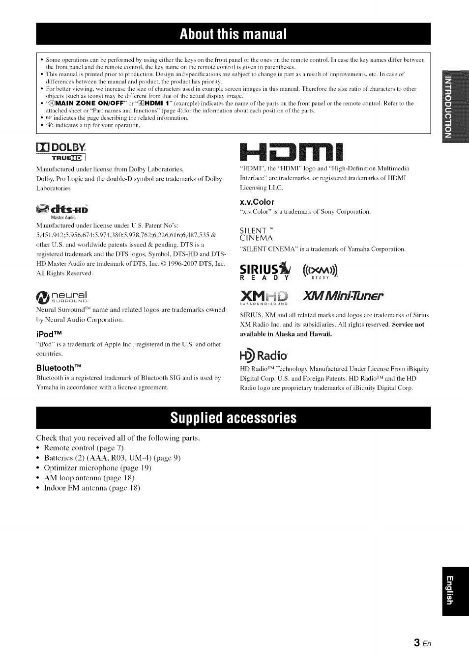 About this manual, X.v.color, Ipod | Bluetooth, Supplied accessories, Homi, Neural, Siriusi/ ((cxmi), Radio, M dolby | Yamaha RX-V1065 User Manual | Page 6 / 102