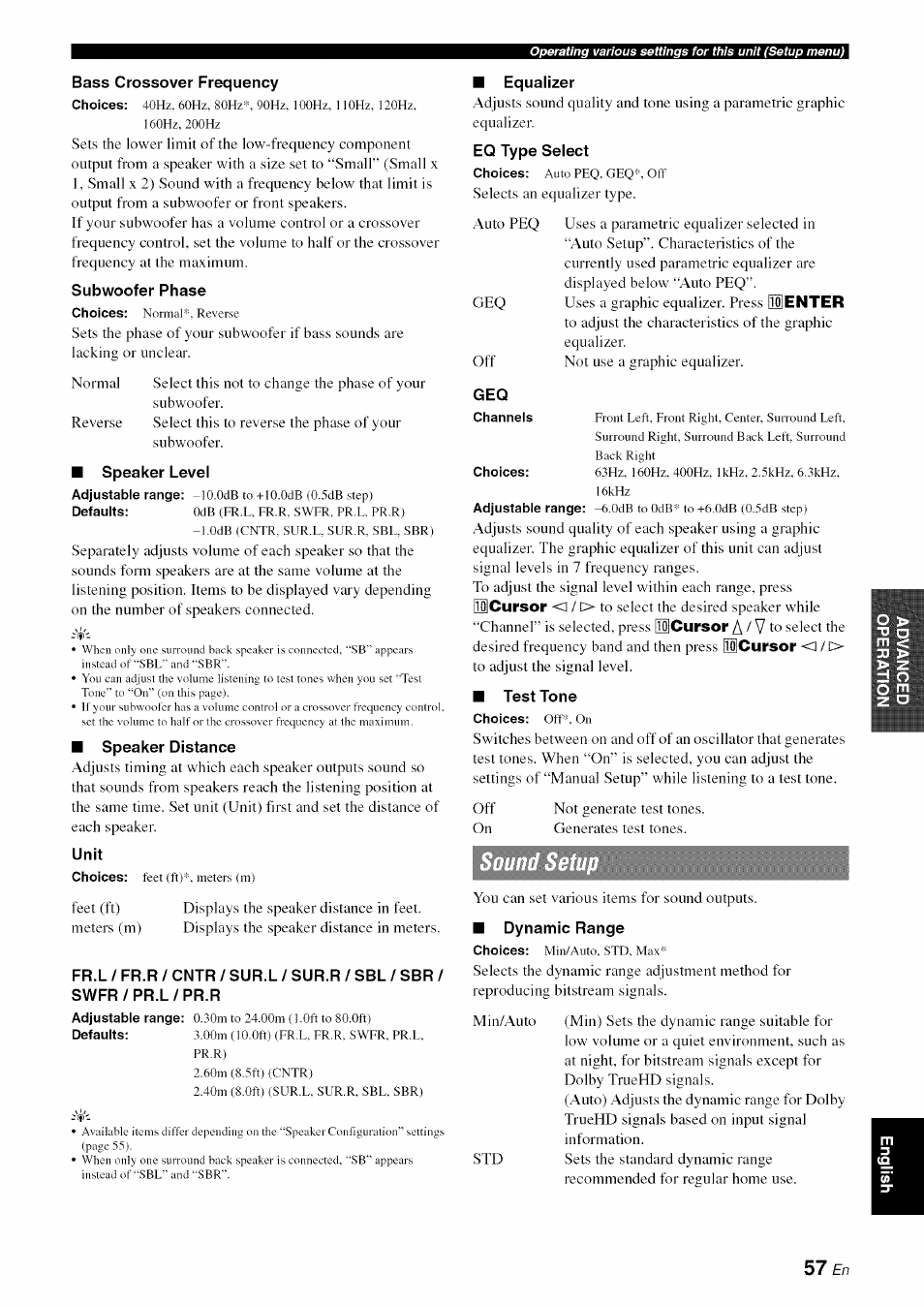 Bass crossover frequency, Subwoofer phase, Speaker level | Speaker distance, Unit, Equalizer, Eq type select, Test tone, Dynamic range | Yamaha RX-V1065 User Manual | Page 60 / 102