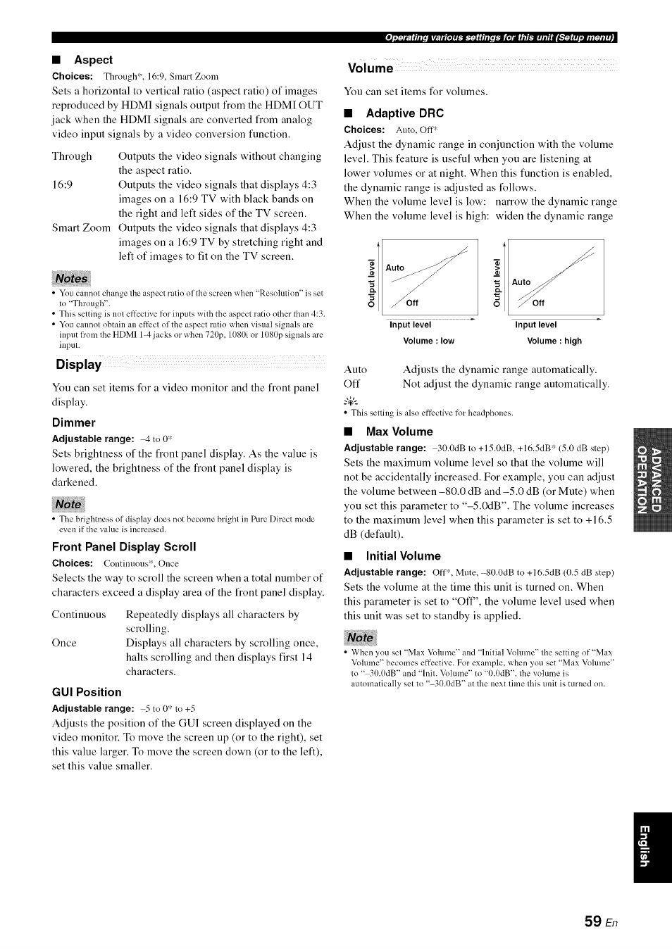 Aspect, Notes, Display | Dimmer, Note, Front panel display scroll, Gui position, Volume, Adaptive drc, Max volume | Yamaha RX-V1065 User Manual | Page 62 / 102