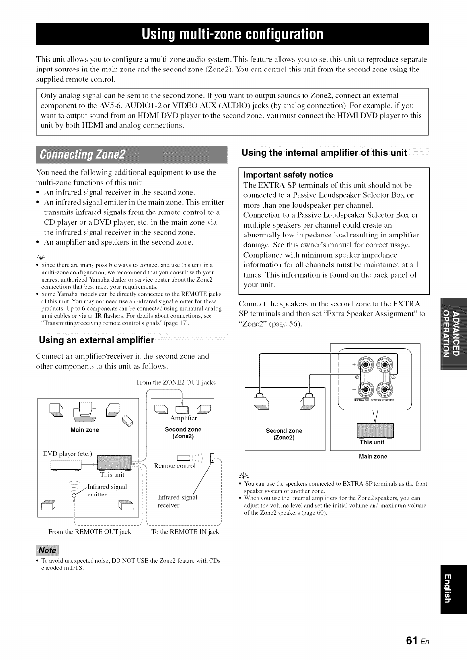 Using multi-zone configuration, Using the internal amplifier of this unit, Using an external amplifier | Important safety notice, Note | Yamaha RX-V1065 User Manual | Page 64 / 102