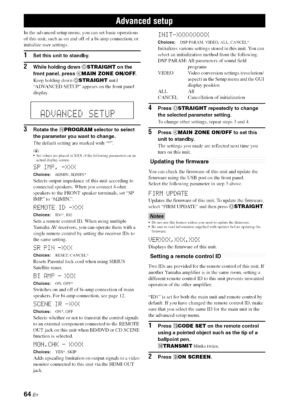 Advanced setup, Updating the firmware, Notes | Setting a remote control id, 2 press [hon screen, Setting remote control codes, Uerkkk. kkk:: kkk | Yamaha RX-V1065 User Manual | Page 67 / 102