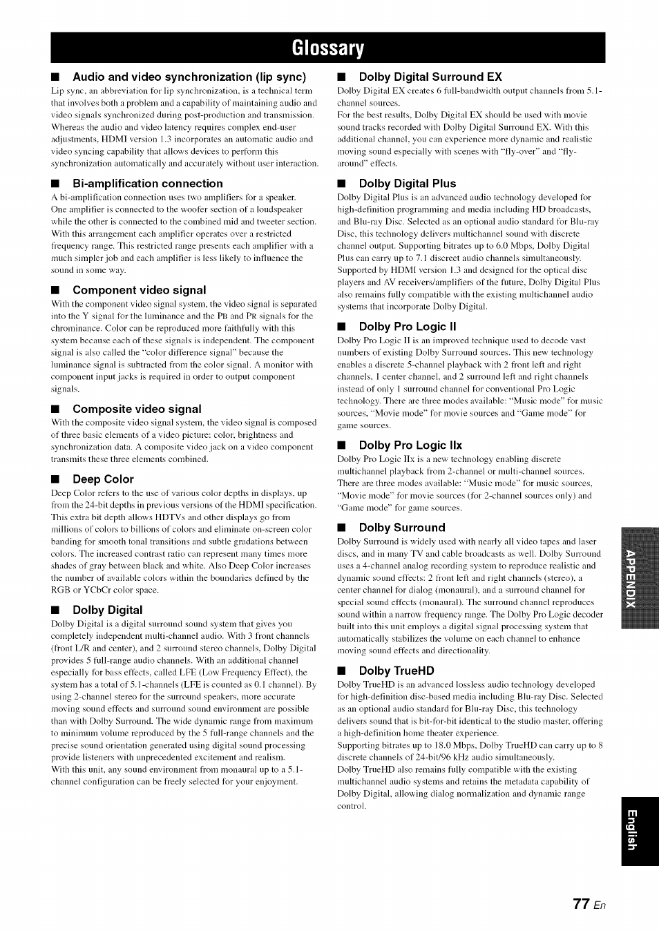 Glossary, Audio and video synchronization (lip sync), Bi-amplification connection | Component video signal, Composite video signal, Deep color, Dolby digital, Dolby digital surround ex, Dolby digital plus, Dolby pro logic ii | Yamaha RX-V1065 User Manual | Page 80 / 102