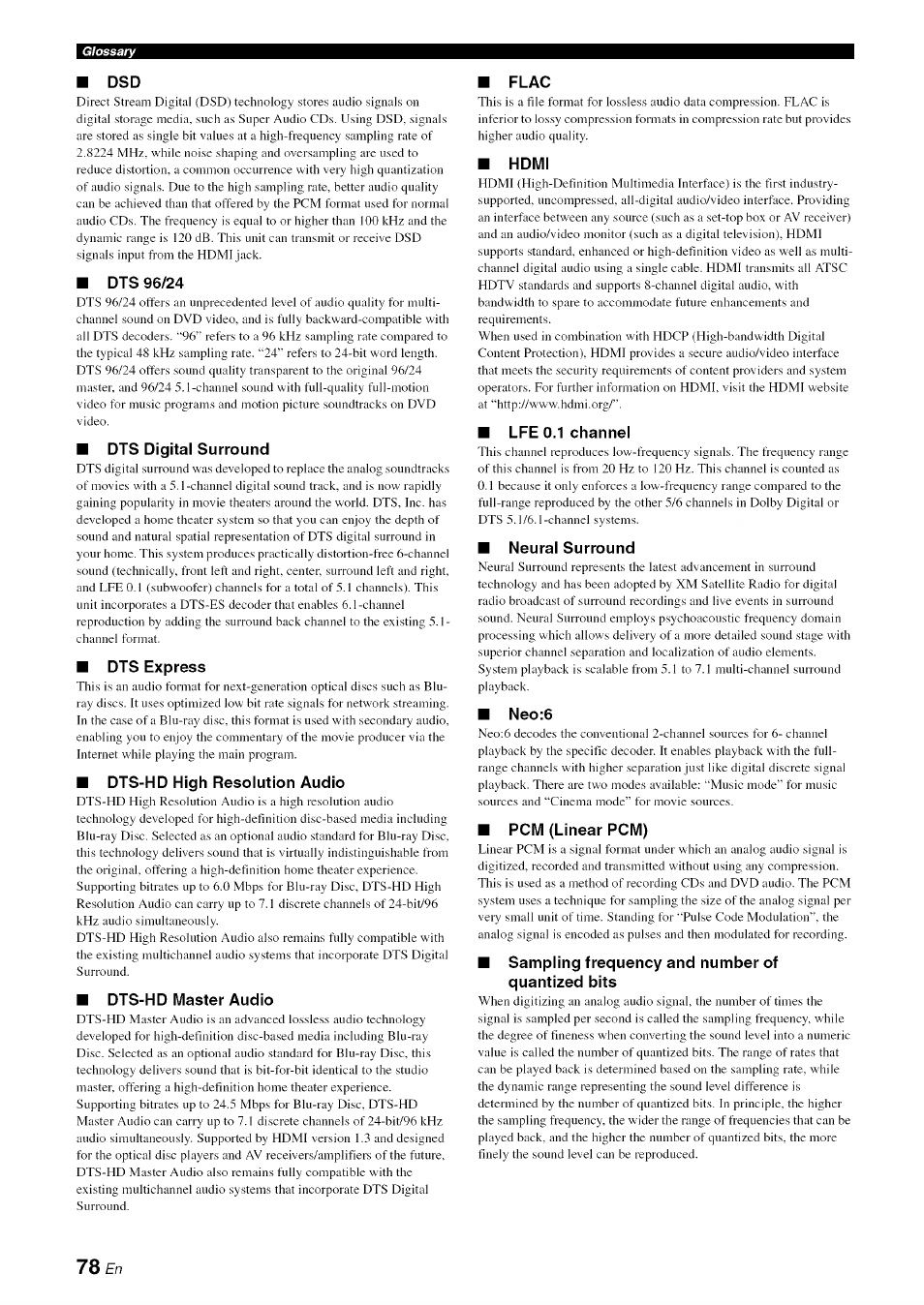 Dts 96/24, Dts digital surround, Dts express | Dts-hd high resolution audio, Dts-hd master audio, Flag, Hdmi, Lfe 0.1 channel, Neural surround, Neo:6 | Yamaha RX-V1065 User Manual | Page 81 / 102