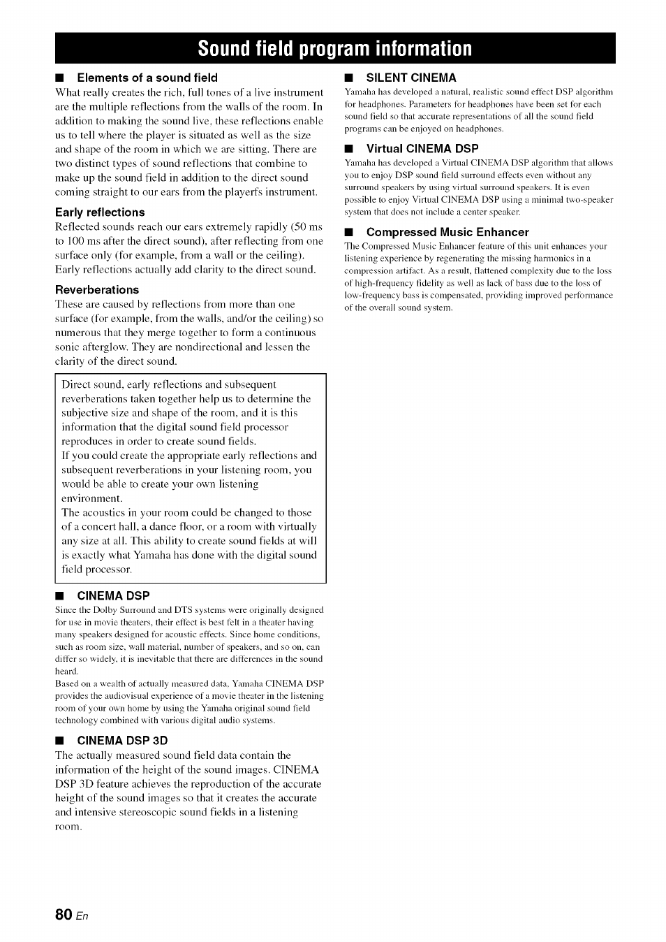 Sound field program information, Elements of a sound field, Early reflections | Reverberations, Cinema dsp, Cinema dsp 3d, Silent cinema, Virtual cinema dsp, Compressed music enhancer | Yamaha RX-V1065 User Manual | Page 83 / 102