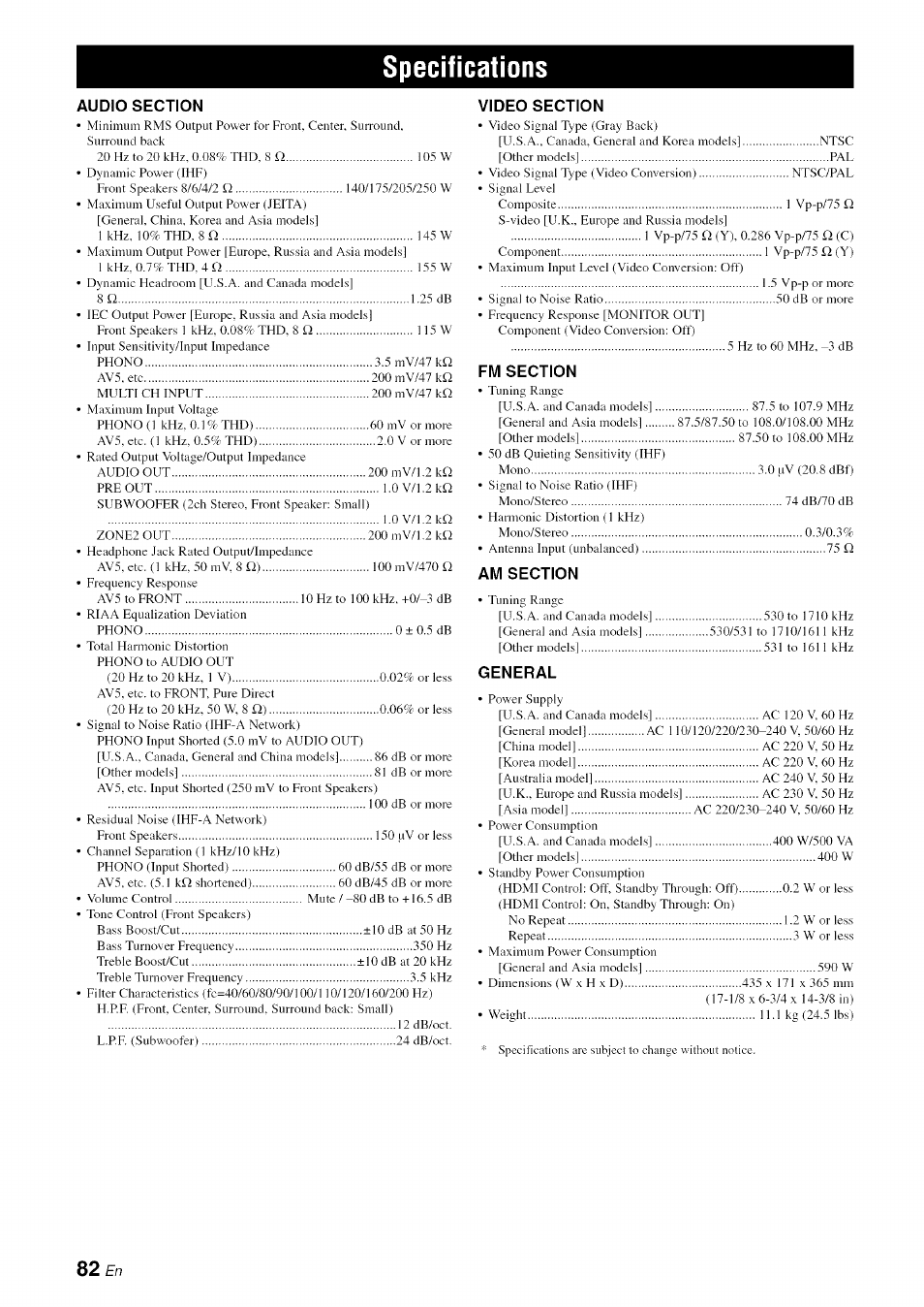 Specifications | Yamaha RX-V1065 User Manual | Page 85 / 102