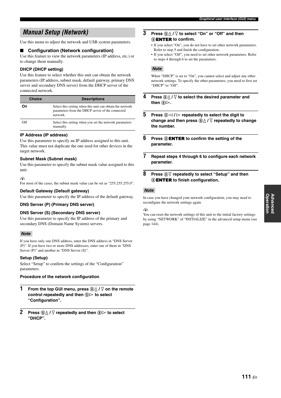 Manual setup (network), P. 111 | Yamaha RX-Z11 User Manual | Page 111 / 177