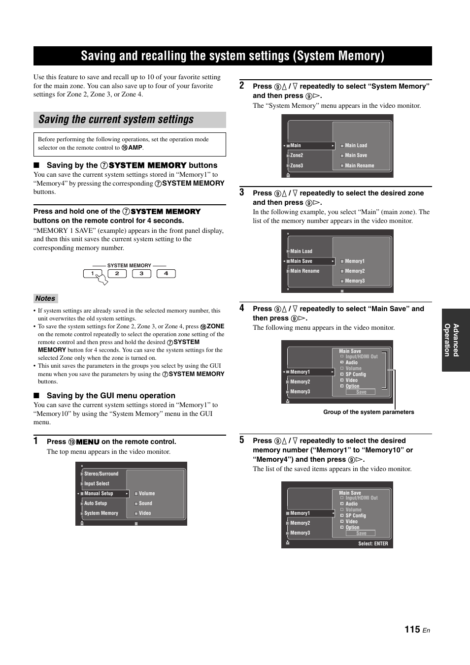Saving the current system settings, P. 115 | Yamaha RX-Z11 User Manual | Page 115 / 177