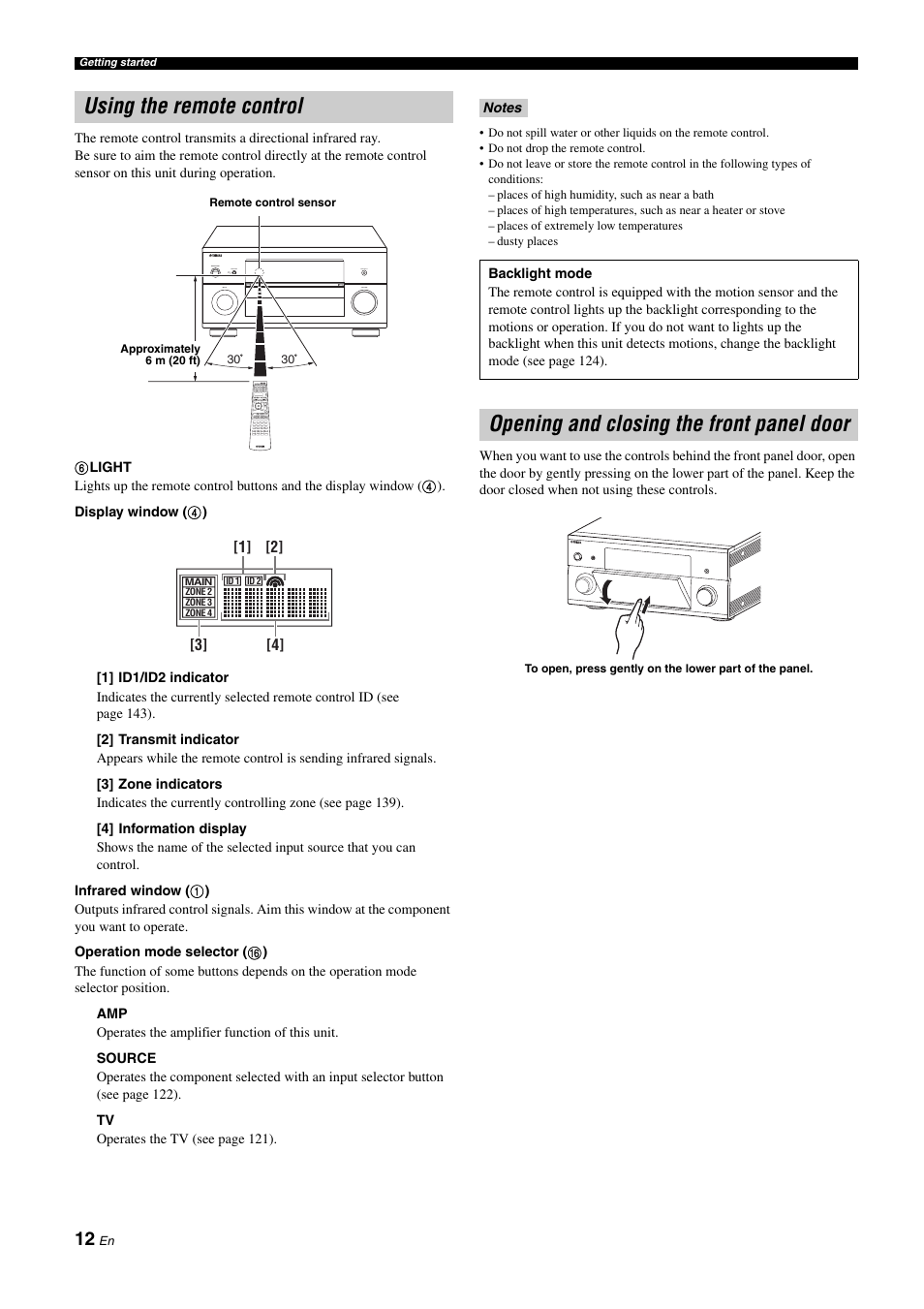 Using the remote control, Opening and closing the front panel door | Yamaha RX-Z11 User Manual | Page 12 / 177