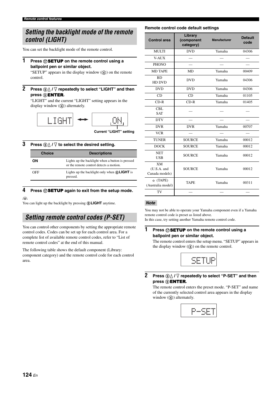 Setting remote control codes (p-set), Light on, Setup p-set | Yamaha RX-Z11 User Manual | Page 124 / 177